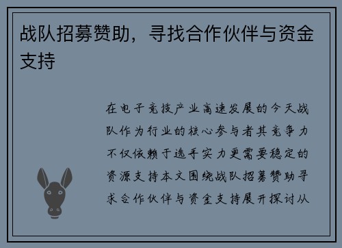 战队招募赞助，寻找合作伙伴与资金支持